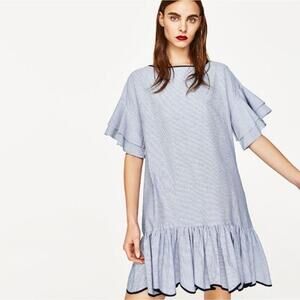Zara Blue Striped Ruffled Hem Short Sleeve A-Line Dress XSmall womens